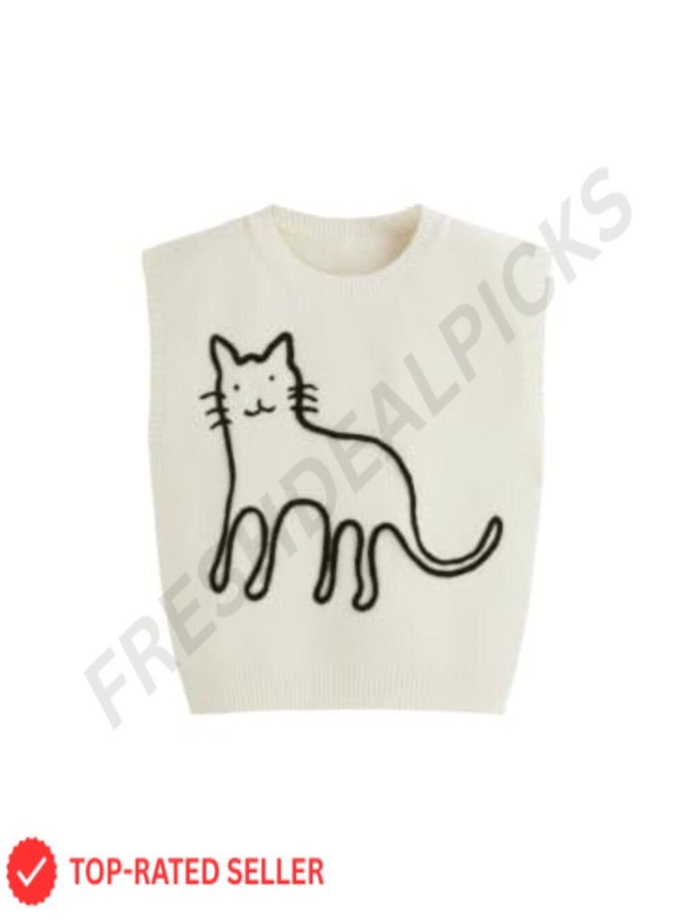 Wool Blend Sweater Vest Cropped Sleeveless Cat Pattern Round Neck